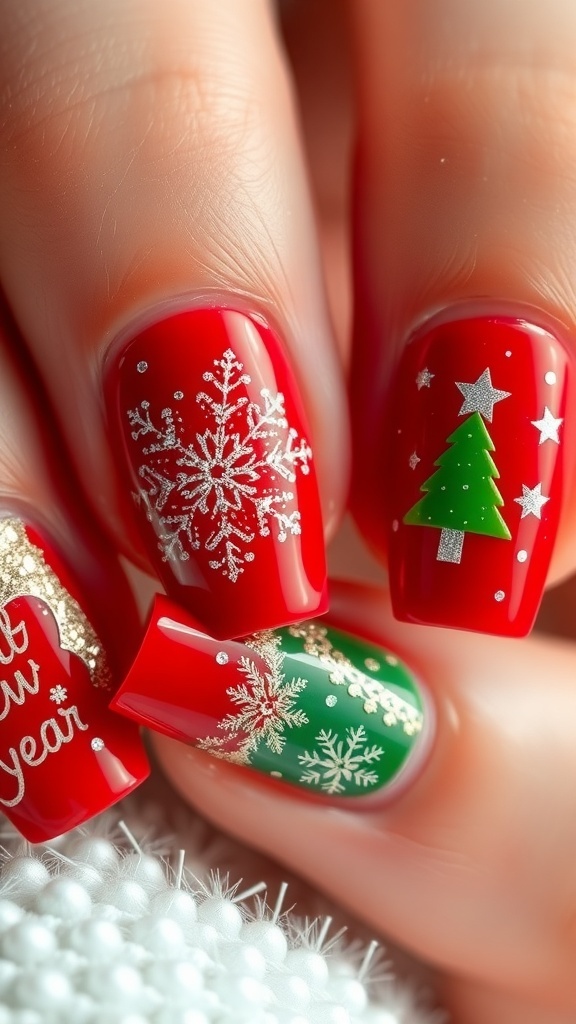 Festive nail art with Christmas and New Year designs in red, green, and gold.